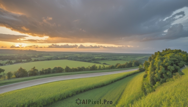 outdoors,sky,day,cloud,tree,blue sky,no humans,cloudy sky,grass,nature,scenery,forest,sunset,mountain,horizon,road,bush,field,landscape,hill,water,ocean,sunlight,river,lake,path