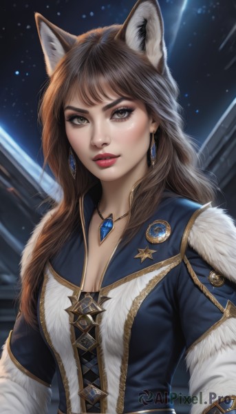 1girl,solo,long hair,breasts,looking at viewer,bangs,brown hair,long sleeves,animal ears,cleavage,brown eyes,jewelry,medium breasts,upper body,earrings,parted lips,necklace,mole,lips,fur trim,fox ears,makeup,lipstick,gem,pendant,nose,red lips,short sleeves,artist name,animal ear fluff,eyelashes,wolf ears,star (sky),realistic