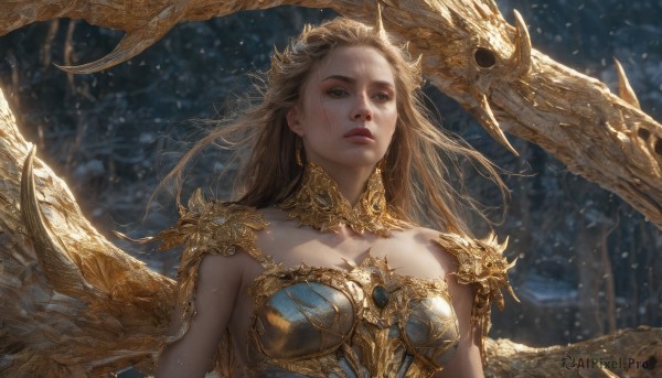 1girl,solo,long hair,breasts,blonde hair,brown hair,brown eyes,jewelry,medium breasts,upper body,earrings,outdoors,parted lips,wings,armor,blurry,lips,blurry background,looking away,looking up,shoulder armor,nature,snow,forest,gold trim,breastplate,snowing,realistic,fantasy,dragon,bare shoulders,horns,teeth,looking to the side,wind,nose,gold