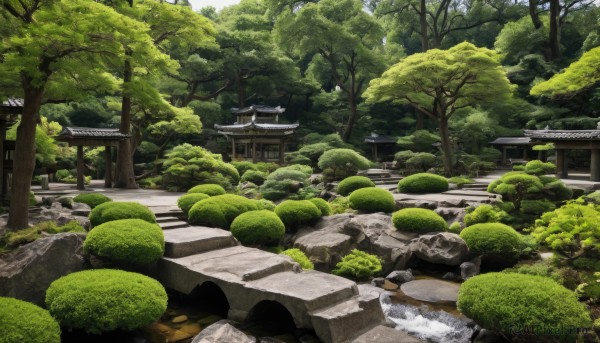 outdoors,day,water,tree,no humans,grass,building,nature,scenery,forest,rock,stairs,bush,shimenawa,architecture,east asian architecture,shrine,stone lantern,real world location,stone,pond