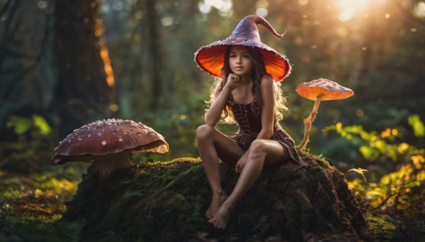 1girl,solo,long hair,breasts,looking at viewer,brown hair,black hair,hat,dress,cleavage,bare shoulders,medium breasts,sitting,small breasts,outdoors,barefoot,sleeveless,blurry,black dress,feet,tree,lips,legs,bare arms,bare legs,witch hat,toes,sleeveless dress,depth of field,blurry background,sunlight,grass,plant,nature,between legs,forest,backlighting,hand between legs,realistic,witch,hand on own chin,mushroom,dirty,bokeh,moss,tree stump,dirty feet,closed mouth,green eyes,collarbone,full body,parted lips,day,scenery,light particles,hand on own face,head rest,light rays,rock,nose,fantasy,hand on own cheek,purple headwear,on ground,dappled sunlight