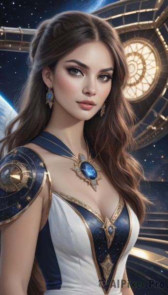 1girl,solo,long hair,breasts,looking at viewer,smile,brown hair,dress,cleavage,brown eyes,jewelry,medium breasts,closed mouth,upper body,earrings,sleeveless,artist name,necklace,star (symbol),white dress,armor,lips,makeup,wavy hair,shoulder armor,gem,star (sky),starry sky,realistic,nose,clock,space,planet,earth (planet),constellation,wings,eyelashes,blue dress