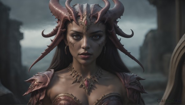 HQ,1girl,solo,long hair,breasts,looking at viewer,brown hair,black hair,cleavage,brown eyes,jewelry,medium breasts,closed mouth,collarbone,upper body,earrings,outdoors,horns,sky,cloud,dark skin,necklace,armor,blurry,dark-skinned female,lips,blurry background,facial mark,helmet,shoulder armor,portrait,pauldrons,shield,realistic,large breasts,makeup,gem