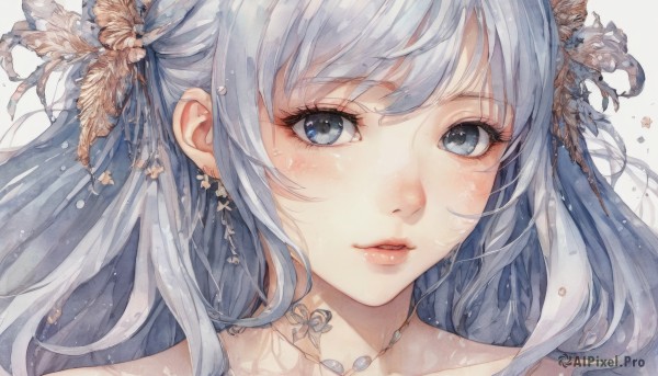 1girl,solo,long hair,looking at viewer,blush,bangs,blue eyes,simple background,hair ornament,white background,bare shoulders,jewelry,blue hair,collarbone,flower,grey hair,earrings,parted lips,hair flower,necklace,lips,grey eyes,eyelashes,feathers,portrait,close-up,grey background,shell