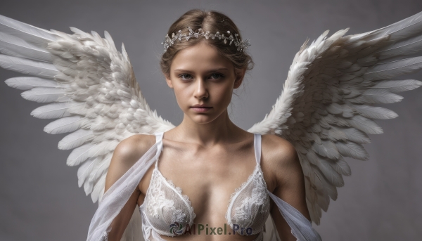 1girl,solo,breasts,looking at viewer,short hair,simple background,brown hair,bare shoulders,brown eyes,medium breasts,underwear,collarbone,upper body,wings,grey background,bra,lips,lingerie,breasts apart,feathered wings,white bra,angel wings,realistic,white wings,angel,head wreath