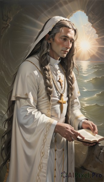 1girl,solo,long hair,brown hair,black hair,long sleeves,1boy,dress,holding,brown eyes,jewelry,very long hair,standing,braid,male focus,earrings,wide sleeves,necklace,white dress,twin braids,lips,book,watermark,sunlight,cross,veil,holding book,robe,open book,realistic,nose,sun,nun,habit,cross necklace,white robe,priest,water,fingernails,ocean,looking away,ring,latin cross,multiple braids