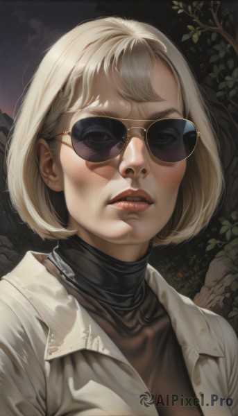 1girl,solo,breasts,looking at viewer,short hair,bangs,blonde hair,shirt,jewelry,jacket,upper body,white hair,earrings,parted lips,open clothes,teeth,sweater,lips,makeup,turtleneck,piercing,sunglasses,bob cut,white jacket,portrait,turtleneck sweater,realistic,nose,stud earrings,tinted eyewear,outdoors,black shirt,night,leaf