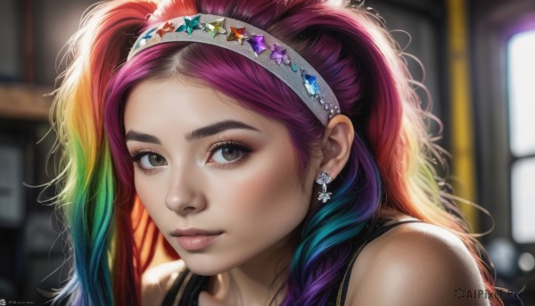 1girl,solo,long hair,looking at viewer,smile,bare shoulders,brown eyes,jewelry,closed mouth,purple hair,red hair,multicolored hair,hairband,earrings,green hair,sleeveless,artist name,indoors,star (symbol),blurry,black eyes,lips,eyelashes,gradient hair,makeup,depth of field,blurry background,watermark,tank top,portrait,web address,freckles,realistic,nose,mascara,rainbow hair,twintails,streaked hair,close-up,forehead