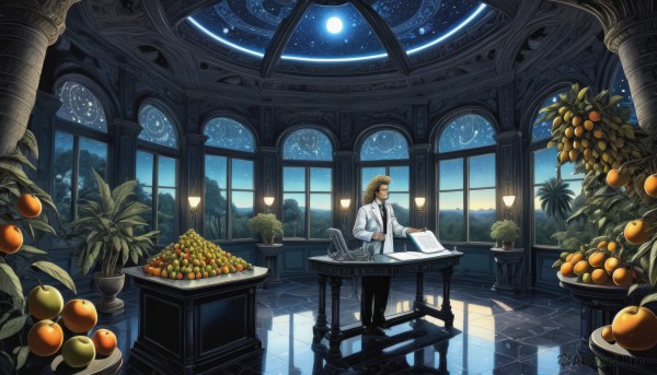 solo,long hair,blonde hair,brown hair,shirt,long sleeves,1boy,hat,holding,sitting,standing,jacket,white shirt,male focus,food,necktie,sky,glasses,collared shirt,pants,indoors,black footwear,tree,cup,coat,book,window,night,fruit,shadow,facial hair,chair,black pants,moon,table,white jacket,bug,plant,butterfly,star (sky),night sky,scenery,black necktie,full moon,plate,starry sky,paper,tiles,potted plant,lamp,tile floor,wide shot,stool,pillar,grapes,orange (fruit),artist name,cloud,signature,desk,reflection,apple,labcoat,white coat,pen,reading,reflective floor