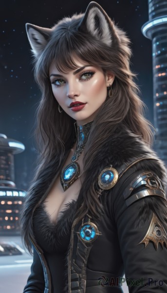 1girl,solo,long hair,breasts,looking at viewer,bangs,brown hair,black hair,long sleeves,animal ears,cleavage,brown eyes,jewelry,medium breasts,jacket,yellow eyes,upper body,earrings,outdoors,parted lips,open clothes,sky,choker,artist name,cat ears,necklace,mole,blurry,lips,coat,black jacket,fur trim,makeup,night,lipstick,building,gem,star (sky),night sky,starry sky,city,nose,red lips,signature,animal ear fluff,wolf ears,realistic