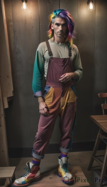 1girl,solo,looking at viewer,blonde hair,shirt,long sleeves,1boy,jewelry,blue hair,standing,full body,purple hair,multicolored hair,parted lips,shoes,socks,pants,indoors,nail polish,two-tone hair,streaked hair,facial hair,chair,table,ring,sneakers,personification,realistic,overalls,rainbow hair,pink hair,male focus,teeth,medium hair,raglan sleeves,dirty