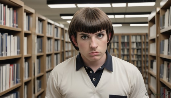 solo,looking at viewer,short hair,bangs,brown hair,shirt,1boy,brown eyes,closed mouth,white shirt,upper body,male focus,parted lips,collared shirt,indoors,blunt bangs,blurry,lips,grey eyes,book,dress shirt,buttons,freckles,realistic,bookshelf,shelf,library,polo shirt,blurry background,serious,nose