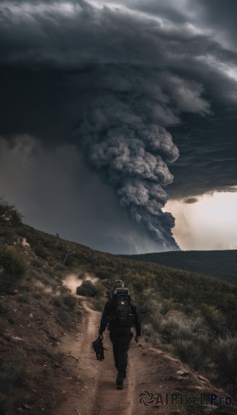 solo,1boy,holding,standing,male focus,outdoors,sky,cloud,bag,from behind,tree,military,backpack,helmet,cloudy sky,grass,nature,scenery,1other,smoke,walking,science fiction,ambiguous gender,spacesuit,1girl,gloves,wide shot,landscape,astronaut