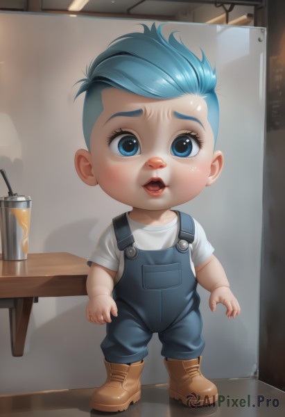 solo,looking at viewer,blush,short hair,open mouth,blue eyes,shirt,1boy,blue hair,standing,full body,white shirt,short sleeves,male focus,boots,teeth,indoors,cup,lips,shadow,brown footwear,table,aged down,child,drinking straw,drink,overalls,male child,t-shirt,freckles,realistic