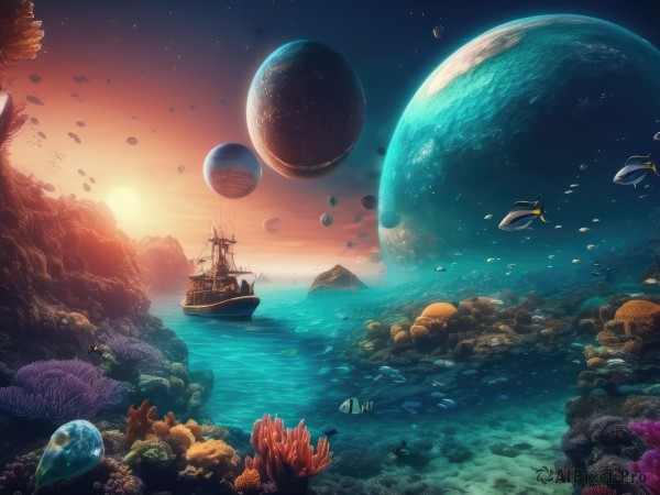 outdoors,sky,signature,water,military,no humans,bird,ocean,animal,star (sky),scenery,fish,bubble,sunset,underwater,sun,watercraft,planet,shell,ship,boat,spacecraft,seashell,whale,turtle,coral,sunlight,rock,fantasy,jellyfish