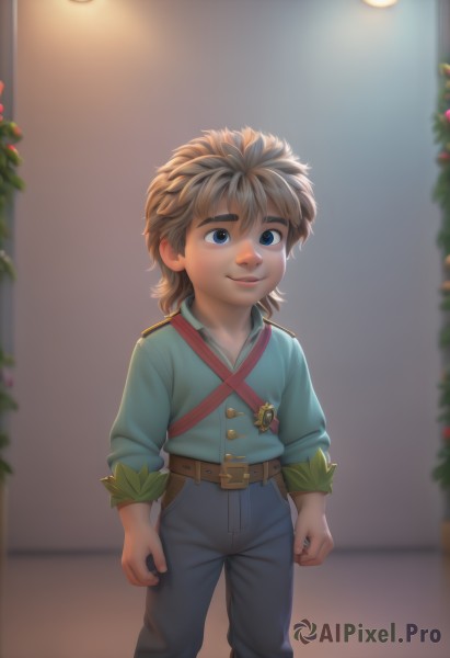 solo,smile,short hair,blue eyes,blonde hair,brown hair,shirt,long sleeves,1boy,jewelry,standing,male focus,belt,pants,indoors,blurry,blurry background,ring,thick eyebrows,blue shirt,child,christmas,brown belt,male child,christmas tree,looking at viewer,lips,depth of field,buckle,arms at sides,light