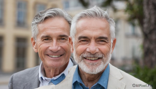 looking at viewer,smile,blue eyes,shirt,jacket,white shirt,upper body,white hair,grey hair,male focus,outdoors,parted lips,multiple boys,necktie,teeth,day,collared shirt,2boys,grin,blurry,grey eyes,depth of field,blurry background,facial hair,formal,half-closed eyes,white jacket,suit,blue shirt,wing collar,portrait,beard,realistic,mustache,manly,old,old man,white suit,wrinkled skin,striped,signature,dated,tree,lips,building,striped shirt,blue necktie,grey jacket