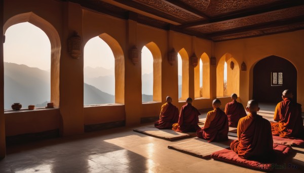 sitting,male focus,japanese clothes,multiple boys,indoors,from behind,cup,table,scenery,6+boys,robe,architecture,pillar,carpet,weapon,sword,window,sunlight,katana,sheath,seiza,sheathed,on floor,scroll