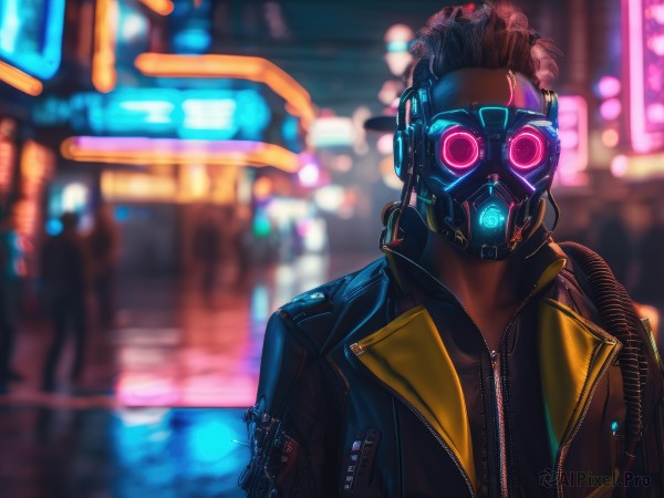 solo,looking at viewer,brown hair,1boy,jacket,upper body,male focus,outdoors,dark skin,blurry,black jacket,mask,night,depth of field,blurry background,glowing,dark-skinned male,glowing eyes,1other,zipper,science fiction,city,cyborg,gas mask,city lights,cyberpunk,dreadlocks,neon lights,pink eyes,robot,leather,leather jacket