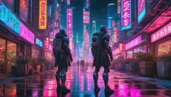 standing, outdoors, multiple boys, 2boys, night, helmet, building, scenery, reflection, science fiction, city, sign, city lights, cyberpunk, neon lights