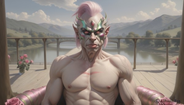 solo,looking at viewer,smile,1boy,jewelry,closed mouth,nipples,upper body,pink hair,flower,male focus,earrings,outdoors,sky,day,pointy ears,artist name,cloud,tree,blue sky,muscular,rose,facial hair,piercing,abs,pectorals,muscular male,bara,pink flower,large pectorals,veins,topless male,mountain,realistic,manly,pink rose,chest hair,red eyes,collarbone,tongue,no humans,mask,plant,scenery,bridge,lake