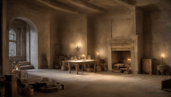 HQ,indoors,book,no humans,window,chair,table,sunlight,box,scenery,stairs,door,bookshelf,light,lamp,candle,book stack,candlestand,fireplace,wooden floor,barrel