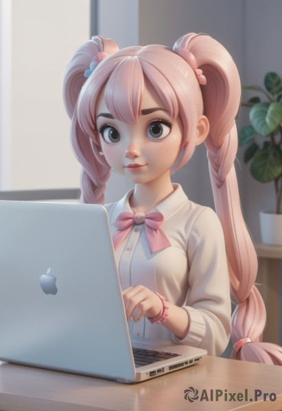 1girl,solo,long hair,smile,bangs,shirt,hair ornament,long sleeves,bow,twintails,jewelry,sitting,very long hair,closed mouth,white shirt,upper body,pink hair,braid,collared shirt,artist name,indoors,bowtie,blurry,black eyes,twin braids,bracelet,lips,grey eyes,window,makeup,blurry background,watermark,table,cardigan,plant,hair bobbles,pink bow,web address,freckles,beads,hair tie,potted plant,computer,bead bracelet,pink bowtie,laptop,keyboard (computer),mouse (computer),looking at viewer,blue eyes,eyelashes,dress shirt,heterochromia,scrunchie,realistic,nose