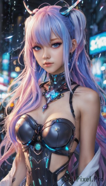 1girl,solo,long hair,breasts,looking at viewer,bangs,blue eyes,hair ornament,cleavage,bare shoulders,jewelry,medium breasts,closed mouth,blue hair,upper body,pink hair,multicolored hair,earrings,horns,blurry,leotard,two side up,lips,makeup,blurry background,science fiction,realistic,hair between eyes,twintails,very long hair,collarbone,purple hair,sidelocks,outdoors,parted lips,open clothes,shiny,artist name,necklace,off shoulder,armor,wet,eyelashes,strapless,gradient hair,detached collar,night,depth of field,glowing,headgear,expressionless,piercing,gem,ear piercing,black leotard,light purple hair,eyeshadow,rain,water drop,pink lips,city,nose,arms at sides,eyeliner,bokeh,mascara,city lights,cyberpunk,boobplate