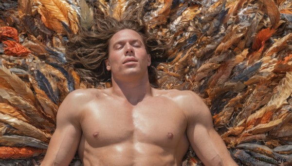 solo,long hair,brown hair,1boy,nipples,closed eyes,upper body,male focus,nude,lying,parted lips,on back,water,lips,muscular,pectorals,facing viewer,fish,realistic,bald,open mouth,jewelry,earrings,teeth,shiny,leaf,autumn leaves