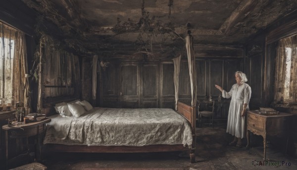 1girl,solo,long sleeves,1boy,dress,standing,male focus,boots,indoors,hood,white dress,pillow,book,window,bed,on bed,chair,table,cat,plant,curtains,scenery,hood up,robe,lamp,candle,wide shot,old,candlestand,chandelier,tablecloth,hooded robe,long hair,holding,white hair,wooden floor