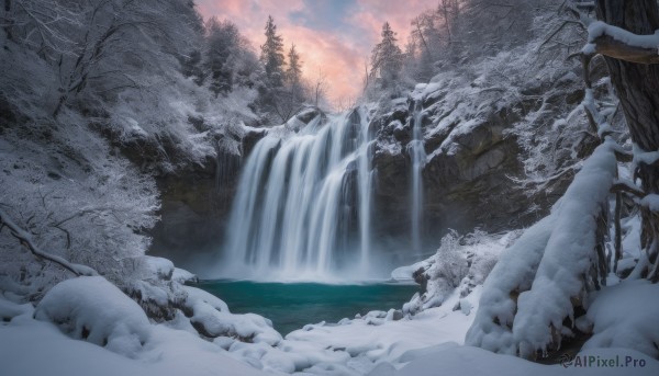 outdoors, sky, cloud, water, tree, no humans, nature, scenery, snow, forest, rock, mountain, waterfall, landscape