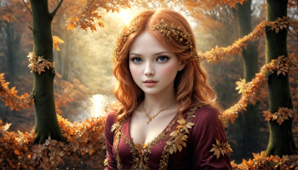 HQ,1girl,solo,long hair,breasts,looking at viewer,blush,blue eyes,brown hair,hair ornament,dress,cleavage,jewelry,medium breasts,upper body,outdoors,parted lips,necklace,orange hair,tree,lips,eyelashes,makeup,leaf,wavy hair,red dress,sunlight,nature,forest,curly hair,realistic,autumn leaves,autumn,red hair,freckles