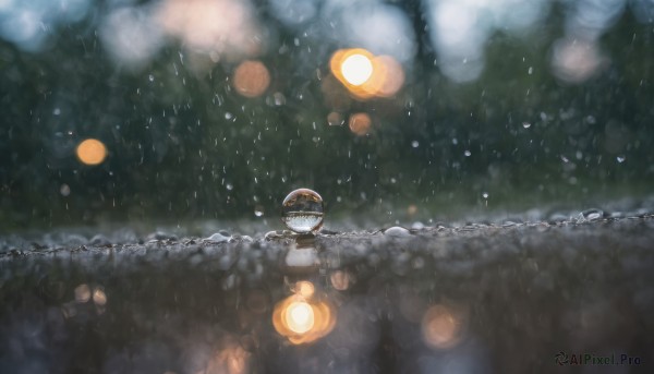 outdoors, blurry, no humans, night, scenery, reflection, rain, lantern, bokeh, lights