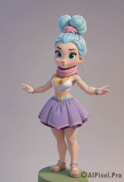 1girl,solo,breasts,looking at viewer,smile,short hair,blue eyes,skirt,simple background,navel,bare shoulders,jewelry,closed mouth,blue hair,standing,full body,pleated skirt,small breasts,shoes,midriff,dark skin,grey background,hair bun,scarf,bracelet,aqua eyes,dark-skinned female,crop top,aqua hair,single hair bun,scrunchie,pink skirt,purple skirt,pink scarf,faux figurine,hair ornament,eyelashes