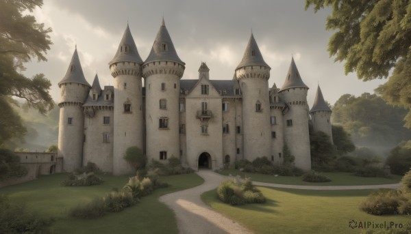 outdoors,sky,day,cloud,tree,blue sky,no humans,window,sunlight,cloudy sky,grass,building,nature,scenery,forest,road,bush,house,castle,tower,path,church,fantasy