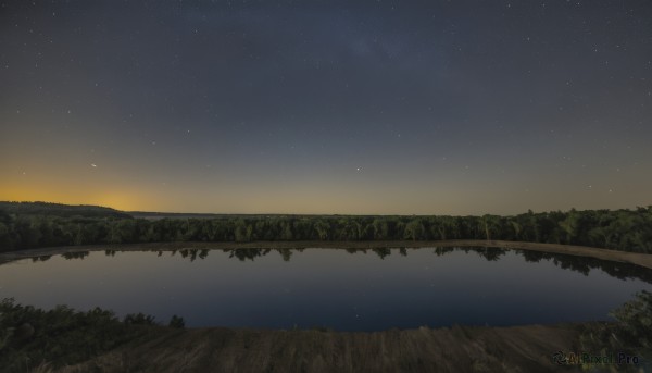 outdoors,sky,water,tree,no humans,night,grass,plant,star (sky),nature,night sky,scenery,starry sky,reflection,sunset,horizon,river,lake,reflective water,forest,mountain,landscape