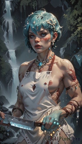 1girl,solo,breasts,looking at viewer,short hair,blue eyes,hair ornament,gloves,holding,bare shoulders,jewelry,medium breasts,nipples,blue hair,standing,collarbone,weapon,cowboy shot,earrings,small breasts,parted lips,dark skin,fingerless gloves,water,necklace,holding weapon,bracelet,dark-skinned female,lips,wet,torn clothes,no bra,aqua hair,blood,tattoo,muscular,leaf,scar,knife,gem,nature,armlet,toned,injury,realistic,nose,muscular female,nipple slip,holding knife,dagger,torn shirt,dirty,waterfall,cuts,tribal,single strap,bangs,hair between eyes,closed mouth,outdoors,green hair,artist name,apron,night,watermark,ring,freckles,beads,circlet,blood on face,rock,facepaint,blood on clothes,blood on weapon