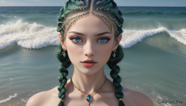 1girl,solo,long hair,looking at viewer,blush,blue eyes,bare shoulders,jewelry,collarbone,braid,multicolored hair,earrings,outdoors,parted lips,green hair,teeth,day,water,necklace,twin braids,lips,ocean,beach,gem,portrait,freckles,circlet,realistic,sand,waves,multiple braids,hair ornament,sky,artist name,makeup,nose,red lips