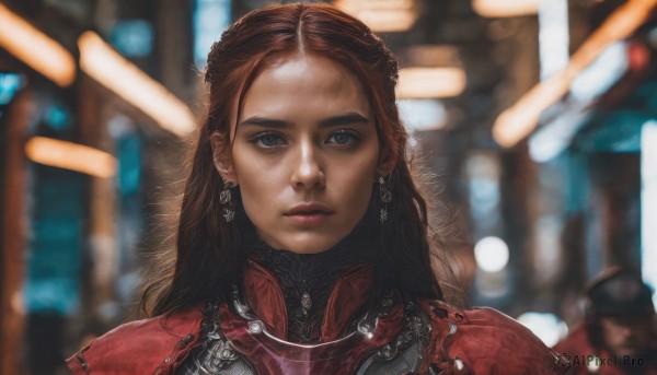 1girl,solo,long hair,looking at viewer,blue eyes,brown hair,brown eyes,jewelry,earrings,parted lips,solo focus,necklace,armor,blurry,lips,depth of field,blurry background,portrait,forehead,realistic,nose