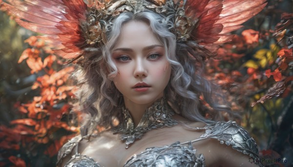 1girl,solo,long hair,breasts,looking at viewer,blue eyes,large breasts,hair ornament,cleavage,upper body,flower,white hair,grey hair,parted lips,artist name,armor,blurry,lips,grey eyes,eyelashes,depth of field,blurry background,leaf,wavy hair,feathers,head wings,portrait,breasts apart,realistic,headdress,red lips,feather hair ornament,straight-on,dappled sunlight,jewelry,outdoors,wings,necklace,makeup,detached collar