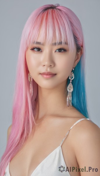 1girl,solo,long hair,breasts,looking at viewer,smile,bangs,simple background,cleavage,bare shoulders,jewelry,medium breasts,closed mouth,blue hair,collarbone,swimsuit,upper body,pink hair,bikini,multicolored hair,earrings,small breasts,grey background,black eyes,two-tone hair,lips,makeup,white bikini,realistic,nose,bra,grey eyes,gradient hair,white bra