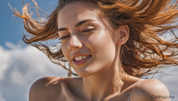 1girl,solo,long hair,looking at viewer,smile,brown hair,bare shoulders,brown eyes,collarbone,outdoors,parted lips,sky,teeth,day,cloud,grin,blurry,blue sky,lips,floating hair,blurry background,half-closed eyes,wind,portrait,realistic,nose,open mouth,upper body,orange hair,tree,thick eyebrows,cloudy sky,branch