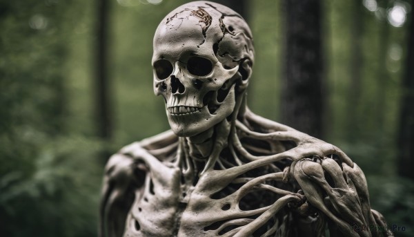 solo,looking at viewer,1boy,upper body,male focus,teeth,blurry,no humans,blurry background,1other,skull,monster,bald,skeleton,bone,alien,horror (theme),monochrome,depth of field,green background,realistic,green theme