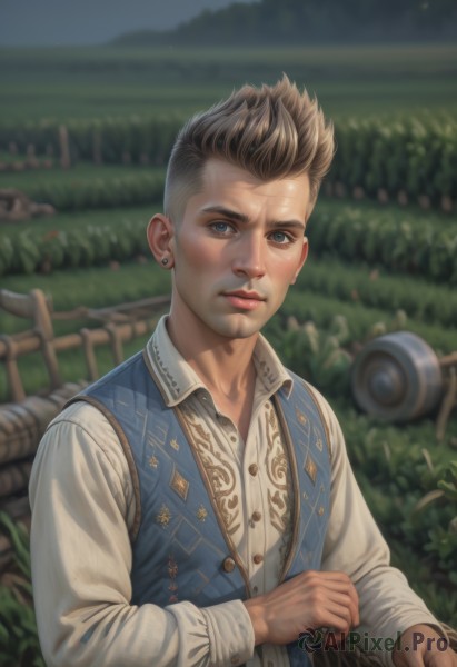 solo,looking at viewer,short hair,blue eyes,brown hair,shirt,long sleeves,1boy,jewelry,white shirt,upper body,male focus,earrings,outdoors,collared shirt,blurry,vest,lips,buttons,blurry background,grass,realistic,nose,fence,basket,stud earrings,blue vest,field,blonde hair,closed mouth,day,artist name,dress shirt,ring,spiked hair,undercut