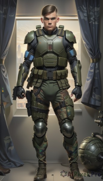 solo,looking at viewer,short hair,brown hair,gloves,1boy,brown eyes,standing,full body,weapon,male focus,boots,black gloves,belt,indoors,fingerless gloves,armor,uniform,lips,gun,military,window,military uniform,facial hair,helmet,knife,curtains,shoulder armor,handgun,headwear removed,pouch,realistic,holster,knee pads,shoulder pads,camouflage,explosive,grenade,helmet removed,soldier,load bearing vest,combat boots,bulletproof vest,body armor,black hair,holding,closed mouth,pants,holding weapon,vest,holding gun,undercut,holding helmet