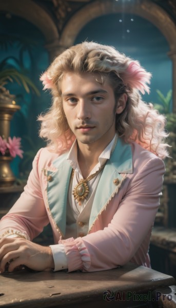 solo,long hair,looking at viewer,blonde hair,brown hair,shirt,long sleeves,1boy,jewelry,sitting,closed mouth,jacket,white shirt,upper body,flower,male focus,multicolored hair,collared shirt,artist name,indoors,necklace,blurry,black eyes,vest,lips,depth of field,blurry background,facial hair,wavy hair,table,feathers,plant,beard,pink flower,curly hair,realistic,nose,pink jacket,blue eyes,hair ornament,watermark,sunlight,brooch,gem