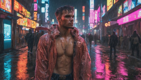 short hair, shirt, black hair, 1boy, navel, jewelry, closed mouth, jacket, male focus, outdoors, multiple boys, open clothes, solo focus, belt, pants, necklace, open jacket, wet, open shirt, muscular, night, abs, pectorals, muscular male, bara, rain, city, realistic, bare pectorals, neon lights, people