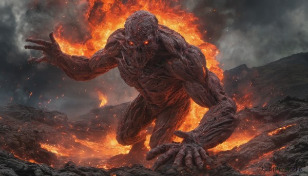 solo, red eyes, outdoors, sky, no humans, muscular, glowing, fire, glowing eyes, monster, mountain, molten rock, kaijuu