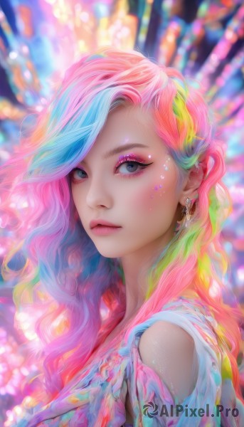 1girl,solo,long hair,looking at viewer,bangs,blue eyes,shirt,bare shoulders,jewelry,closed mouth,blue hair,upper body,pink hair,multicolored hair,earrings,artist name,blurry,from side,two-tone hair,lips,streaked hair,eyelashes,makeup,depth of field,blurry background,watermark,wavy hair,piercing,lipstick,portrait,web address,eyeshadow,personification,pink lips,realistic,nose,eyeliner,shoulder cutout,rainbow,colorful,mascara,rainbow order,rainbow gradient,rainbow hair,green hair,star (symbol),torn clothes,sparkle,gradient hair,facial mark,cross