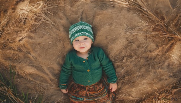 1girl,solo,looking at viewer,smile,skirt,brown hair,shirt,black hair,long sleeves,hat,closed mouth,black eyes,buttons,from above,grass,looking up,child,green headwear,green shirt,lips,realistic,fine art parody